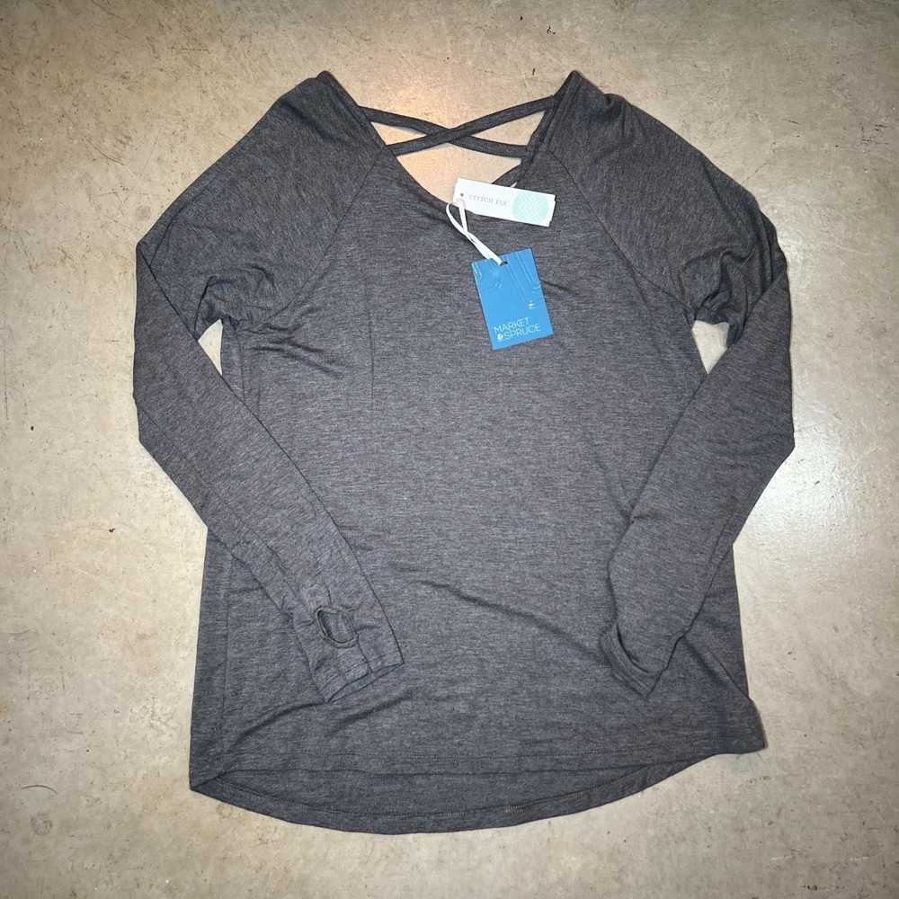 Market & Spruce Womens Dark Grey Criss Cross Back Long Sleeve Top NWT M